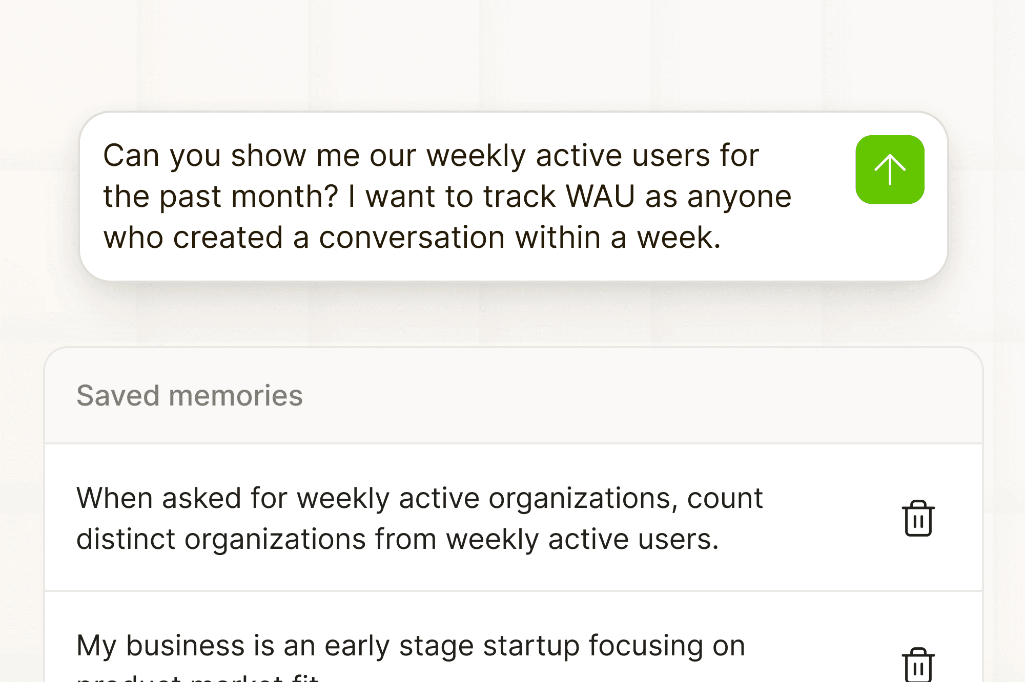 Saved Memories and Weekly Active Users – Filament Analytics Filament Analytics memory feature showing saved instructions and request to display weekly active users tracked by conversations within a week.