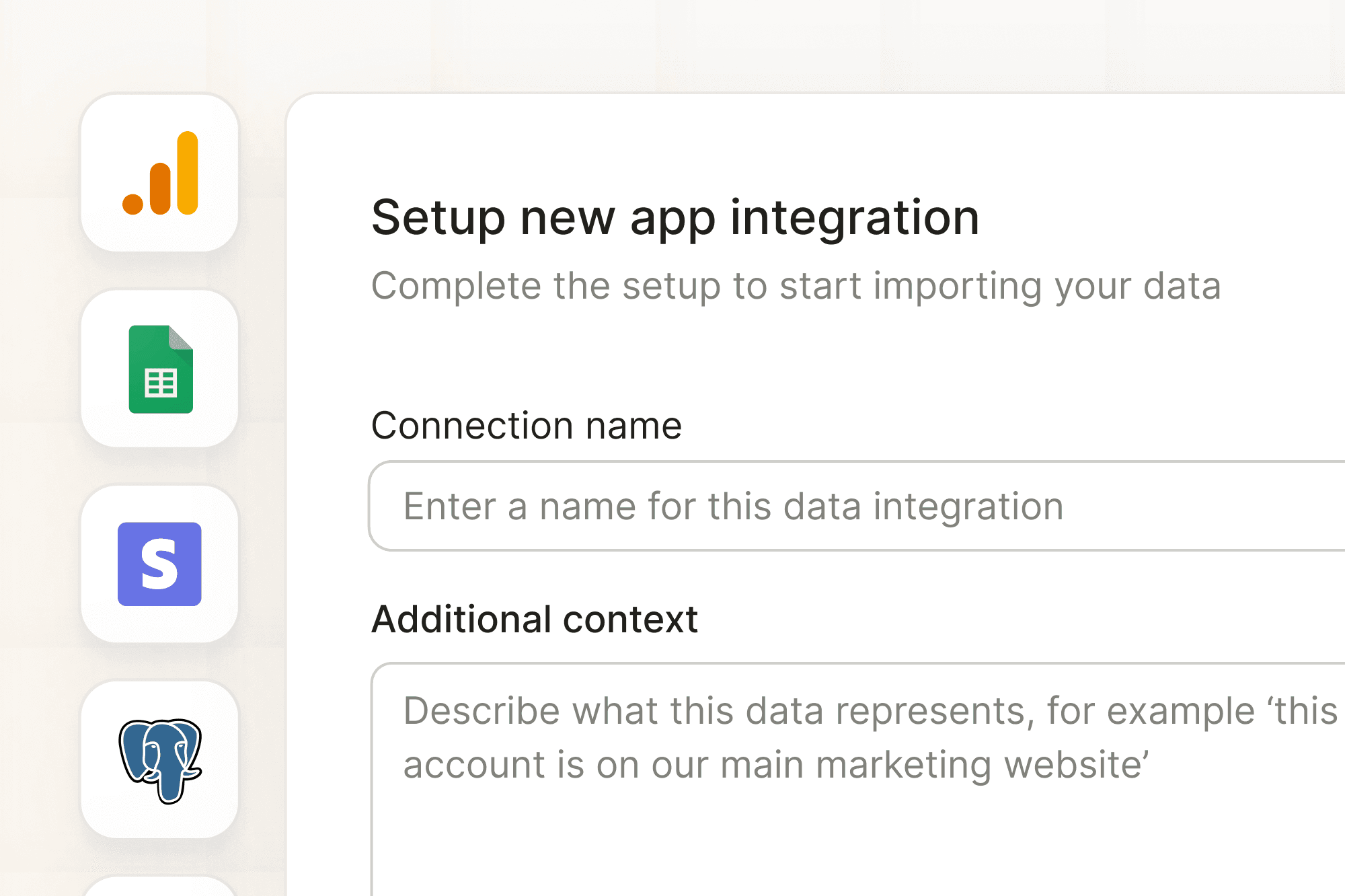 Setup New App Integration – Filament Analytics App integration setup screen in Filament Analytics with Google Analytics, Google Sheets, Stripe, and PostgreSQL icons for connecting data sources.