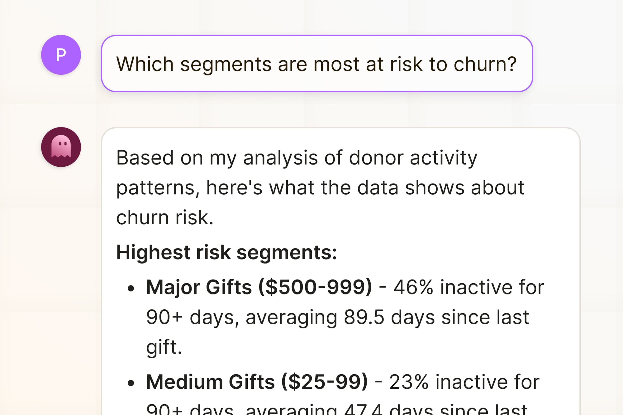 Chat with Filament to get insights on your data - Filament Analytics AI data analyst showing insights on a nonprofit donor churn data