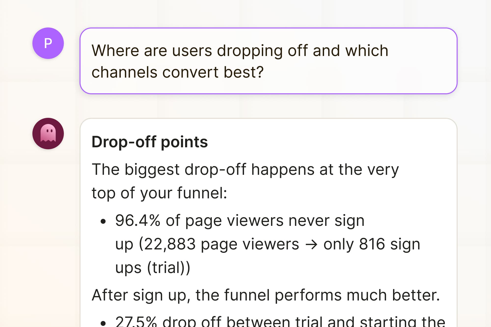 Chat with Filament to get insights on your data AI data analyst showing insights on a SaaS startup's data