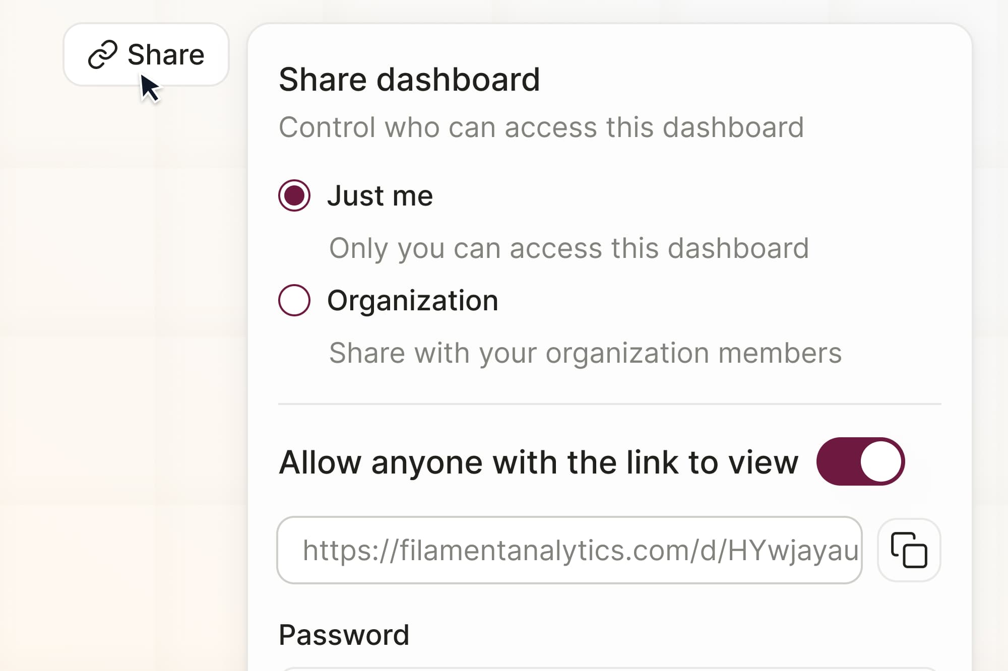 Share dashboard with your team in a single click - Filament Analytics Collaborative AI dashboard for SaaS startups sharing real-time analytics and performance reports across teams.