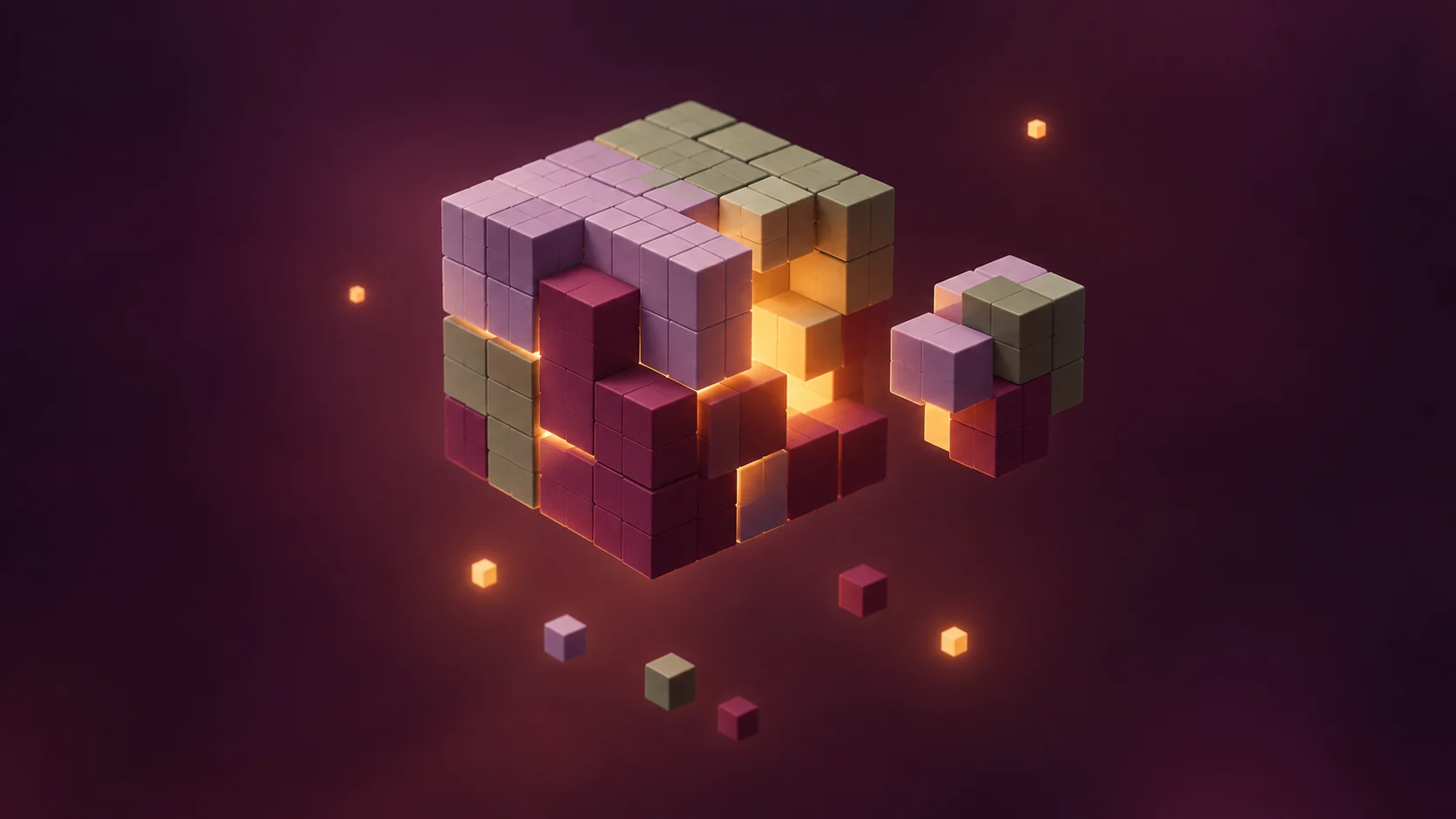 A softly glowing cube of interlocking lilac, sage and burgundy blocks waits for its floating missing corner, suggesting complete and trustworthy data.