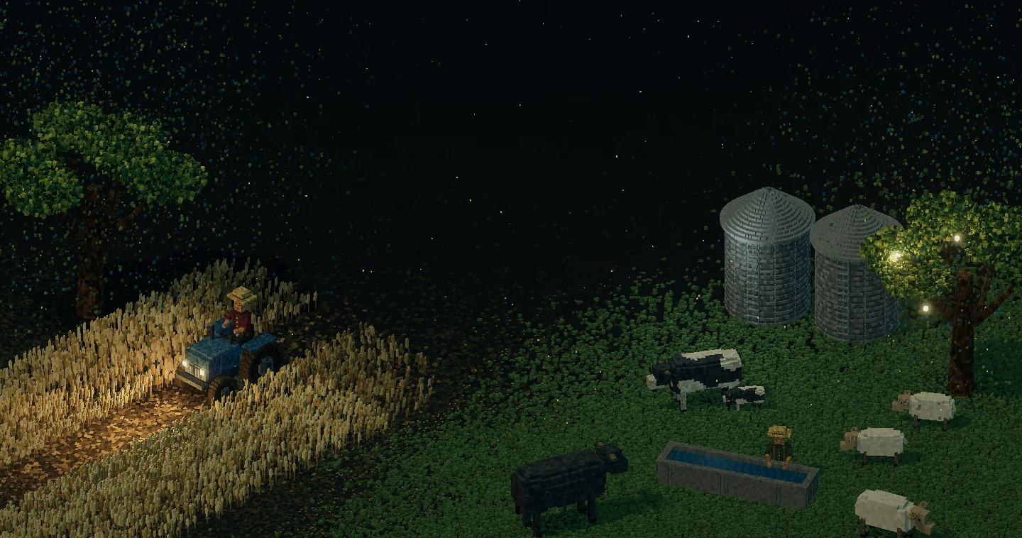 A pixel farm with a tractor in golden wheat, grazing cows and sheep, a water trough, two silos and softly lit trees.