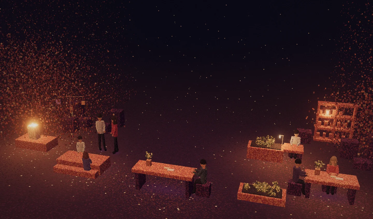 An atmospheric pixel-built shared workspace with people, tables and planted blocks.