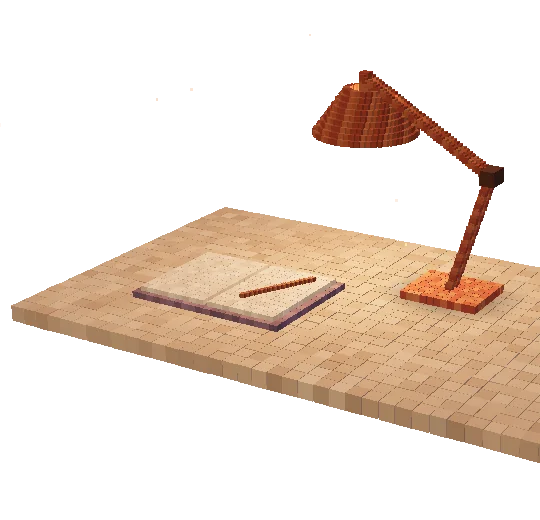 An angled pixel desk lamp lighting a notebook on a pale tabletop.