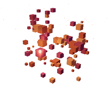Scattered amber and mauve data blocks gathering in a shared space.