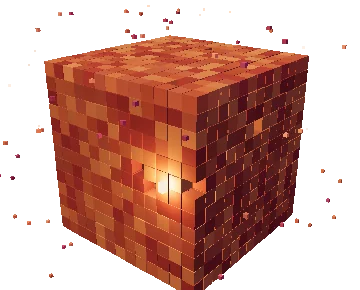 An illuminated warehouse built from small amber pixels.